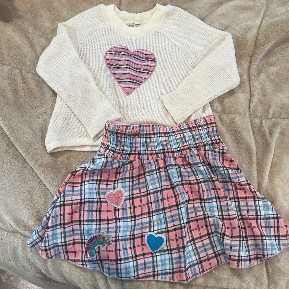 Truly Me Pink and Blue Plaid Skirt and Cream Sweater set